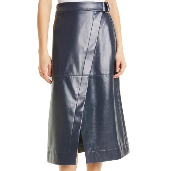 TED BAKER Elii A Line Wrap Faux Leather High Waisted Midi Blue Vegan Skirt - Picture 1 of 6